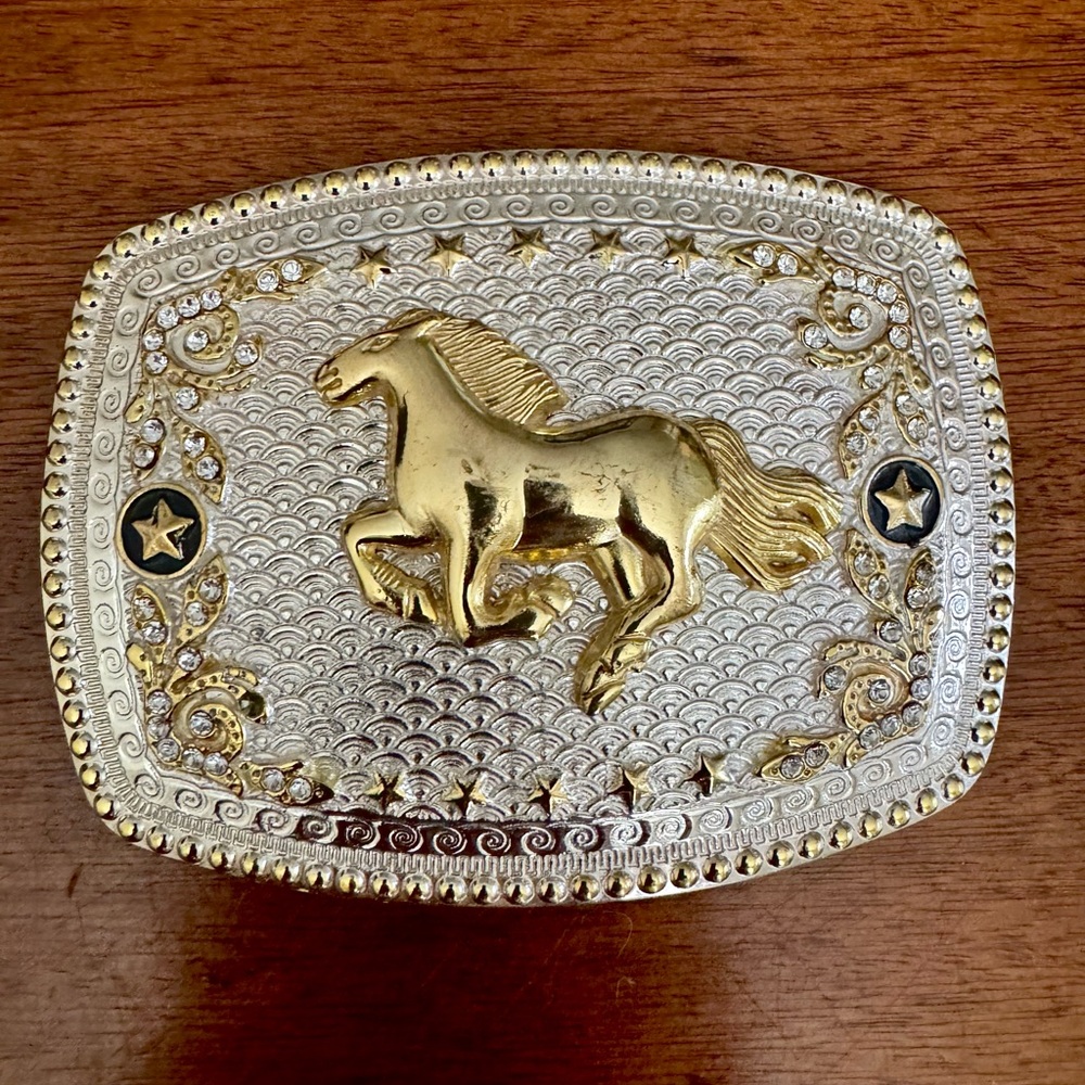 Horse Belt Buckle Gold Silver Rhinestone Western Cowboy Rodeo 5 x 3.5